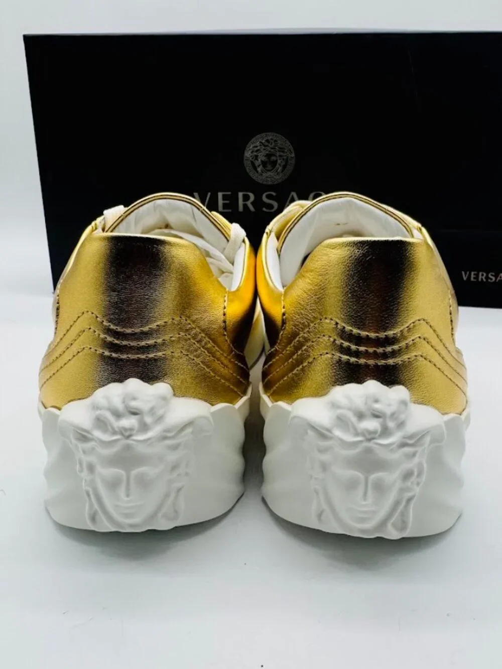 Versace Gold Laminated Nappa Medusa Sneakers Low Top Size 39 – Made in Italy NIB